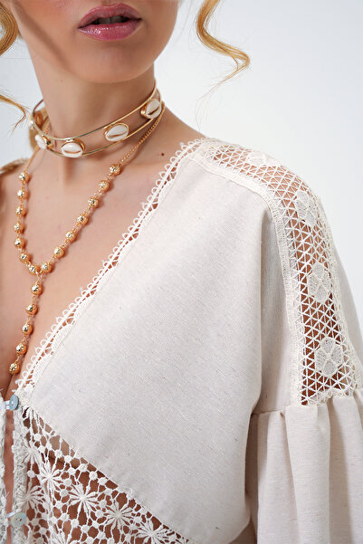 VAGGON Bluză de in pentru femei, bej, cu decolteu în V, cu mâneci cu balon, cu nasturi în față, Prmx13416