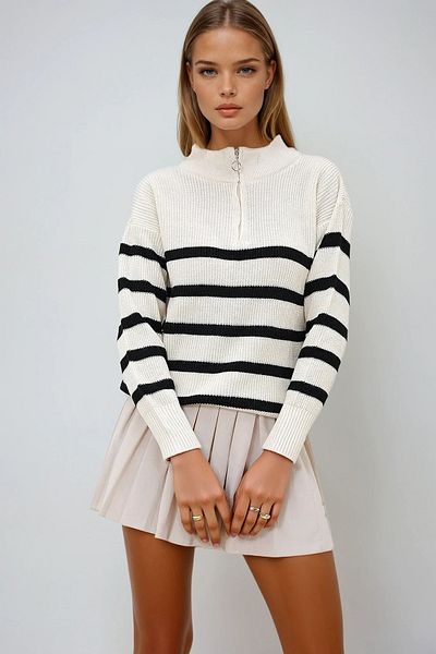 VAGGON Women's Ecru Black Stand Collar Half Zipper Striped Sweater Prmx12973