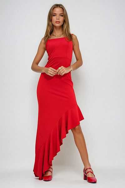 VAGGON Women's Red Adjustable Strap Skirt Flounce Asymmetrical Cut Dress Prmx12195