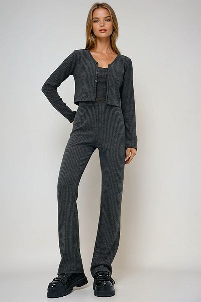 VAGGON Women's Anthracite Cotton Rope Strap Bustier V-Neck Crop Cardigan and Palazzo Pants Set Prmx13455