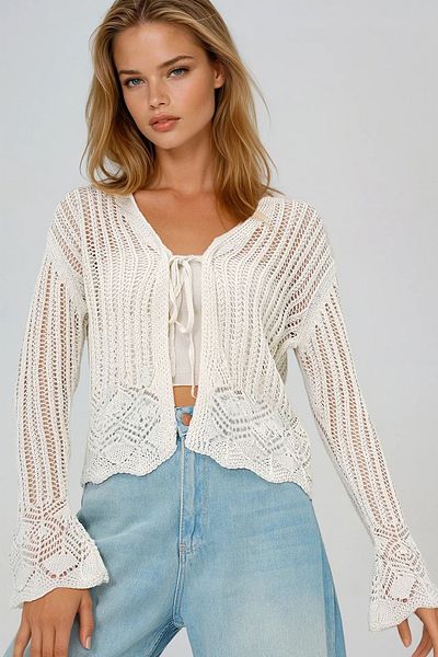 VAGGON Women's Ecru Hole Openwork Knitwear Cardigan Prmx13625