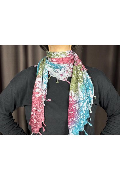 Sobe Hediyelik Coral Patterned Writing Scarf with Tassels on the Edge