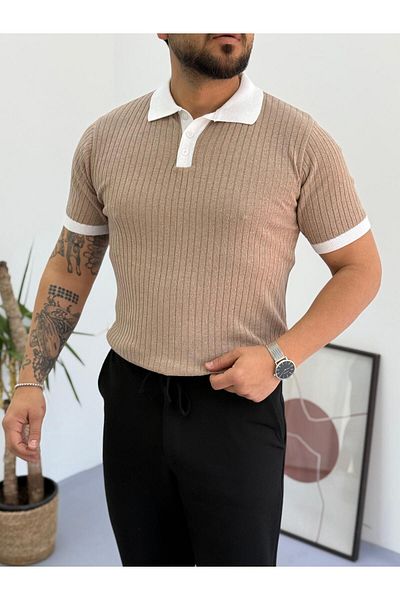 Combineman35 Men's 100% Cotton Collar and Sleeve Detailed Knitwear Polo Neck Short Sleeve Tshirt