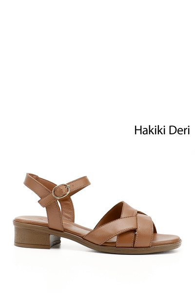 GÖNDERİ(R) Kadın / Kız Taba Antik Kısa Kalın Topuklu Hakiki Deri Sandalet