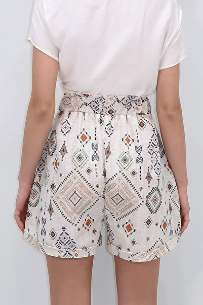 VAGGON Women's Beige High Waist Ethnic Patterned Double Leg Linen Shorts Prmx13657