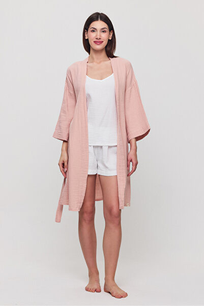 Zeliha Baysan Kadın Müslin Bağlamalı Pembe Oversize Sabahlık