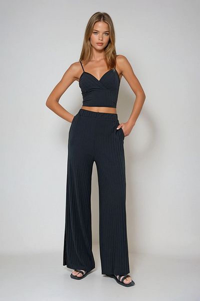 VAGGON Women's Black Straps Kruvaz Bulga Set and Slit Palazzo Patlo Prmx13577
