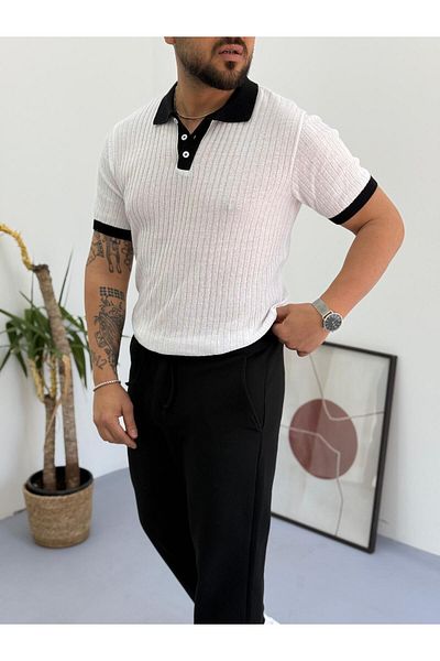 Combineman35 Men's 100% Cotton Collar and Sleeve Detailed Knitwear Polo Neck Short Sleeve Tshirt