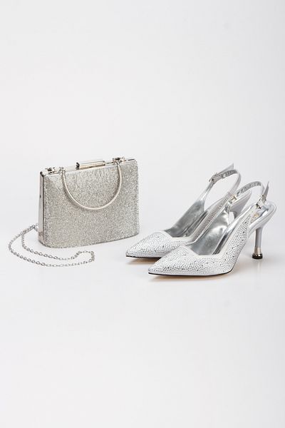 MFT AYAKKABI Women's Stone Embroidered Evening Dress Shoes and Bag Set Lame
