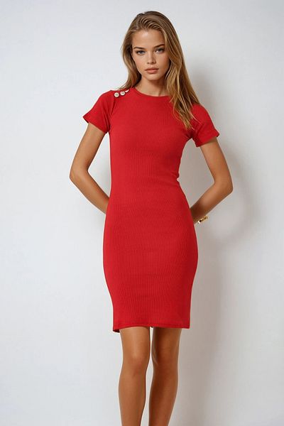 VAGGON Women's Red Crew Neck Button Detailed Camisole Dress Prmx11832