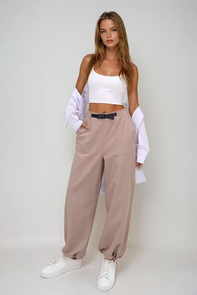 VAGGON Women's Beige Double Pocket Elastic Leg Belt Detailed Summer Jogger Pants Prmx13627
