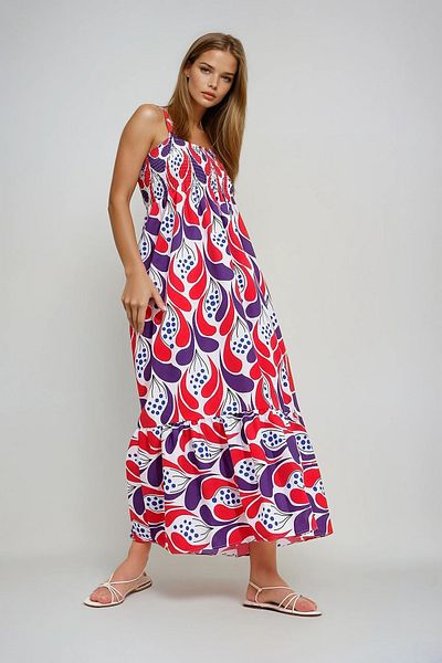 VAGGON Women's Red Suspender Skirt Flounce Floral Patterned Gimpel Woven Dress Prmx11734