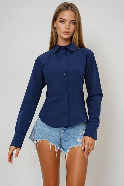 VAGGON Women's Navy Blue Front and Back Tucked Waist Fitted Poplin Shirt Prmx13505
