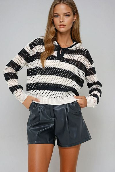 VAGGON Women's Ecru Black Hooded Hole Openwork Color Garnished Summer Knitwear Blouse Prmx13620