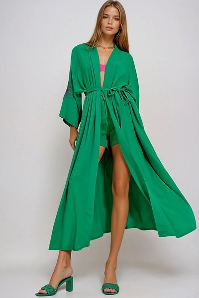 VAGGON Γυναικείο Πράσινο Μανίκι Πίσω Maxiboy Kimino Kaftan με ζώνη στη μέση