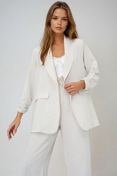 VAGGON Women's Ecru Linen Look Shawl Collar Sleeves Draped Jacket Prmx13626