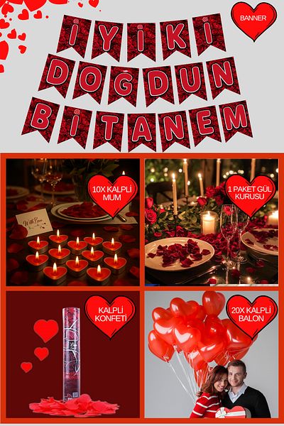 Baloncu Dede Heart Balloon Heart Candle Rose Patterned Banner Dusty Rose Set Valentine's Day Dear Birthday