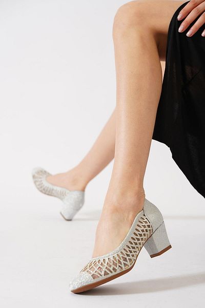 Moda Pie Pantofi cu toc pentru femei Muhriye Laser Glitter Mesh, cu sclipici argintii