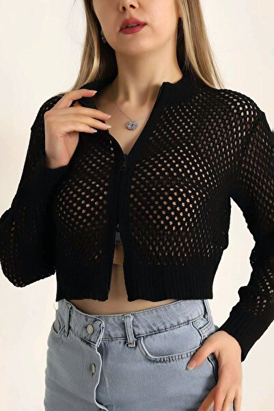 MissThetis Yakası Ucu Lastikli Ajurlu Delikli Uzun Kollu Fermuarlı Kısa Crop ...