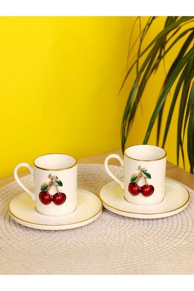 Viyalente 2 Person White Porcelain Phenomenon Cherry Coffee Cup Set Presentation Cup