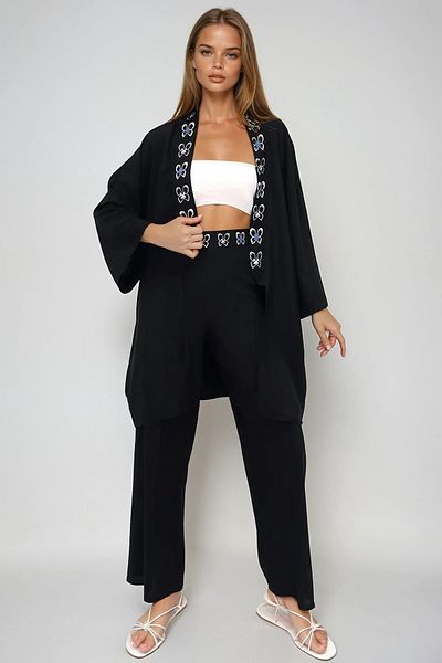 VAGGON Women's Black Collar and Waist Patterned Back Printed Kimono and Palazzo Pants Set Prmx13641