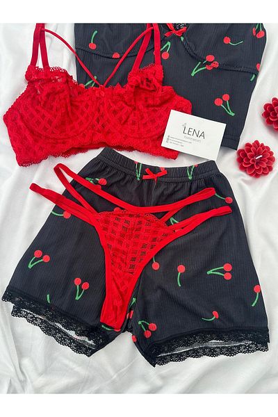 Lena Homewears Set de pijamale cu model cireșe pentru femei, cu pantaloni scurți din patru piese
