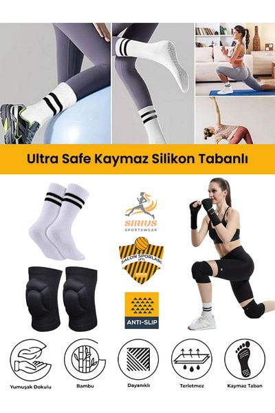 Sirius Sportswear Women's White Non-Slip Silicone Sole Pilates Yoga Fitness Dance Activity Socks and Protective Knee Pad Set