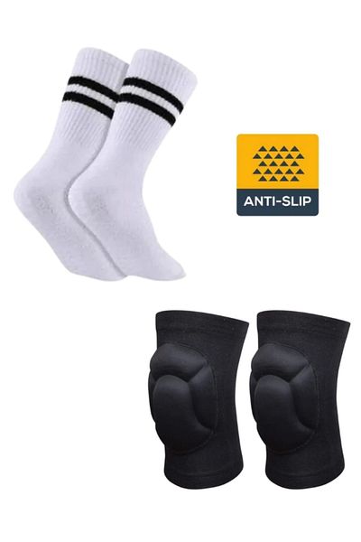 Sirius Sportswear Women's White Non-Slip Silicone Sole Pilates Yoga Fitness Dance Activity Socks and Protective Knee Pad Set