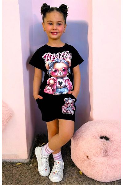 Lolliboomkids Set pantaloni scurți pentru fete - Tricou și pantaloni scurți cu ursuleț de culoare neagră
