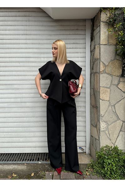 FİOXCO Valera Buttoned Bat Sleeve Lined Jacket Palazzo Pants Black Blazer Suit