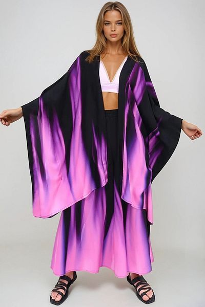 VAGGON Blue Oversize Kimono and Skirted Pants Set Prmx13638