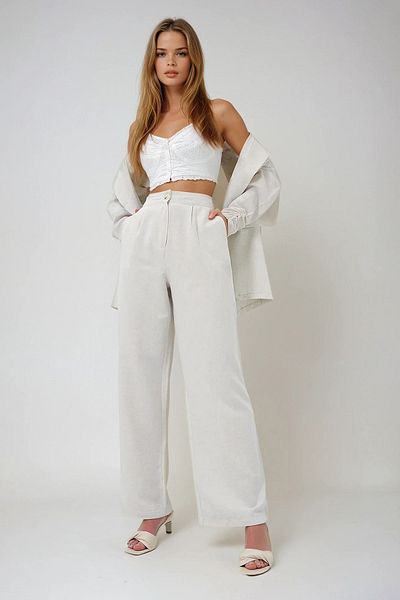 VAGGON Women's Stone Double Pocket Linen Palazzo Trousers Prmx13636