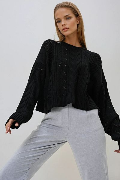 VAGGON Pulover crop pentru femei, negru, cu decolteu rotund, cu model picior de gală, tricotaje Prmx13136