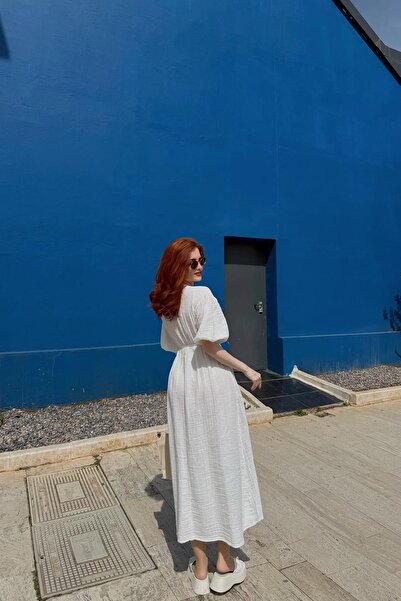 Lusin Women's V-Neck Ecru Muslin Fabric Short Sleeve Dress