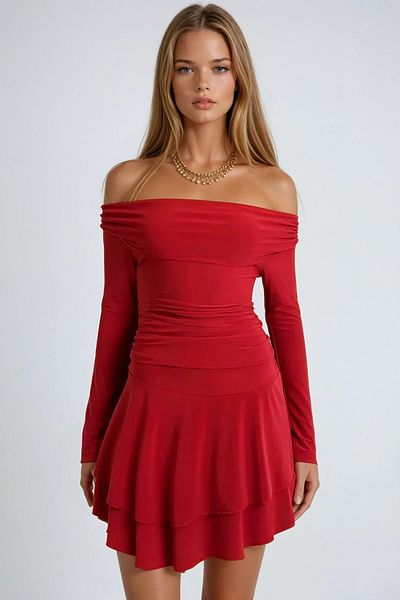 VAGGON Women's Red Madonna Collar Skirt, Flounced Sandy Dress
