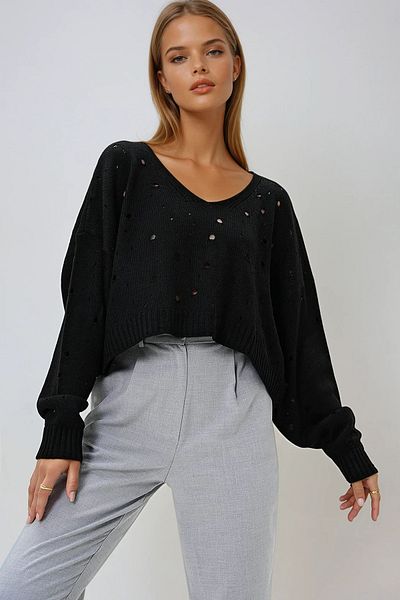 VAGGON Pulover negru pentru femei, cu decolteu în V, ajurat, Prmx13116