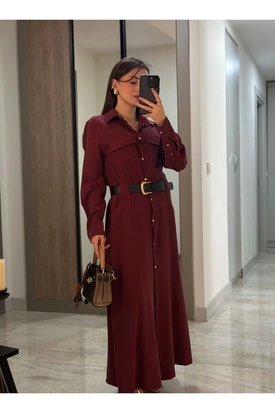 Tugen Co BORDO DERİ KEMERLİ GÖMLEK ELBİSE