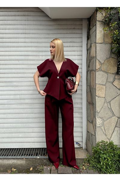FİOXCO Valera Buttoned Bat Sleeve Lined Jacket Palazzo Trousers Burgundy Blazer Suit