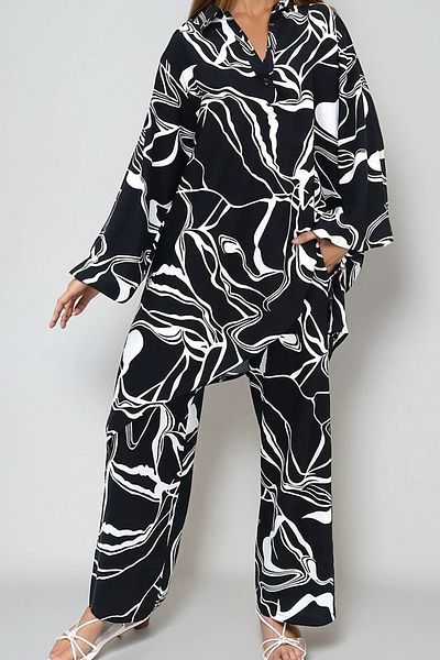 VAGGON Women's Black and White Shirt Collar Buttoned Long Tunic and Palazzo Pants Set Prmx13642