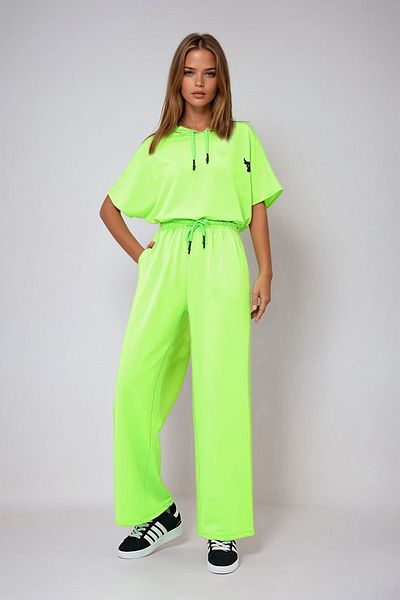 VAGGON Set de pantaloni oversize crop cu glugă verde neon pentru femei și buzunare duble Prmx13633