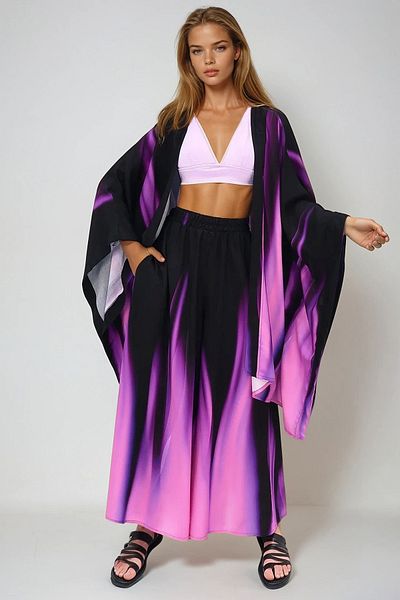 VAGGON Blue Oversize Kimono and Skirted Pants Set Prmx13638