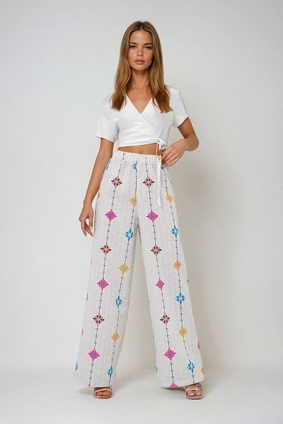 VAGGON Women's Lilac Floral Patterned Linen Trousers with Elastic Waist Prmx13632
