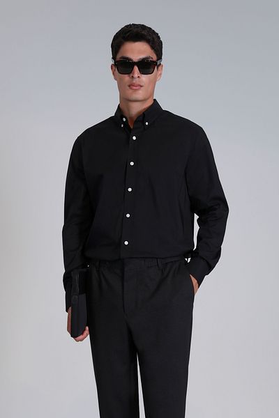 Lufian Cămașă neagră Slim Fit pentru bărbați Jakob - Model de bază