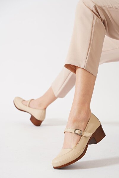 Moda Pie Pantofi de damă din piele naturală cu eșarfă Beige Skin Ormal Baret