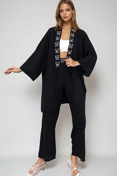 VAGGON Women's Black Collar and Waist Patterned Back Printed Kimono and Palazzo Pants Set Prmx13641