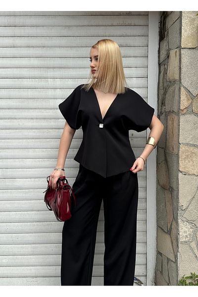 FİOXCO Valera Buttoned Bat Sleeve Lined Jacket Palazzo Pants Black Blazer Suit