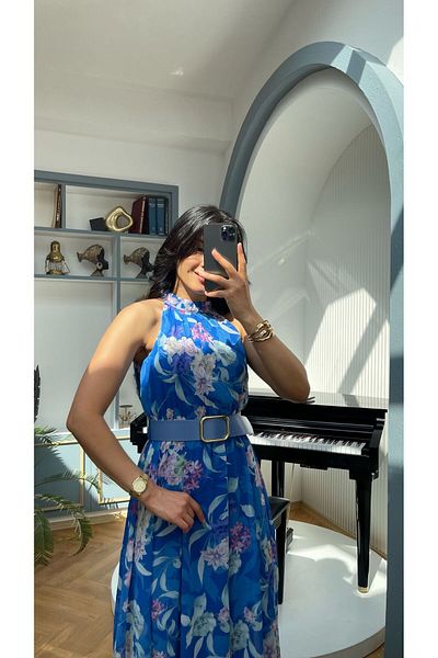 NIDAFASHION Halter Neck Belt Lined Chiffon Print Dress