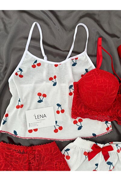 Lena Homewears Ecru Cherry Patterned Four-Piece Shorts Pajama Set