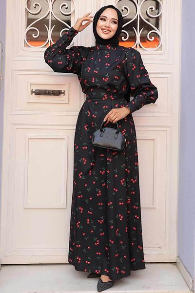 Neva Style فستان حجاب أسود منقوش باللون الكرزي 61094S