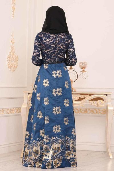 Nayla Collectıon Floral Patterned Sax Blue Hijab Evening Dress 82457Sx